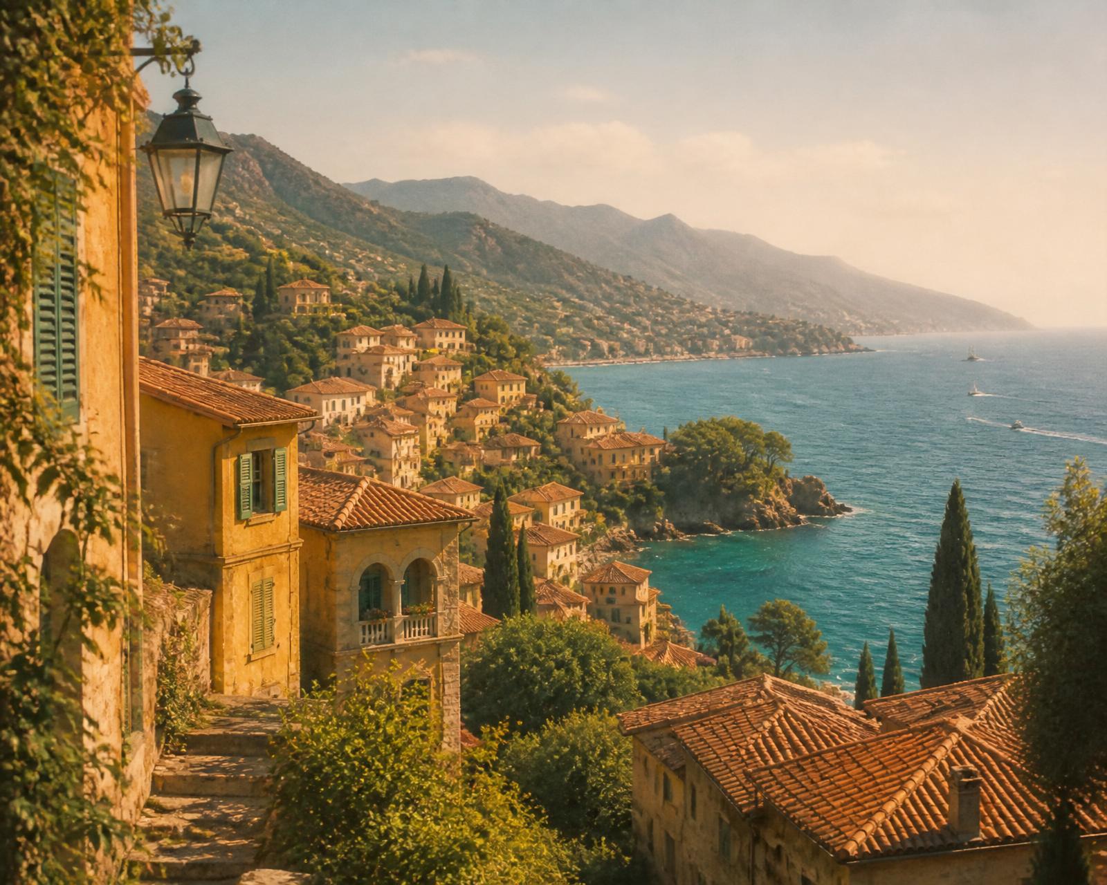 A sunlit Italian coastal town with terracotta rooftops cascading down green hillsides to a turquoise sea